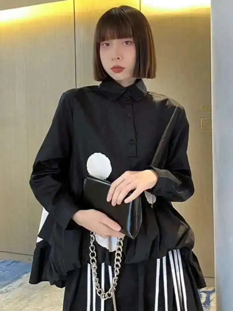 EAM Women Black Color-block Dot Big Size Blouse New Lapel Long Sleeve Large Hem Shirt Fashion Tide Spring Autumn 2024 1DH4274