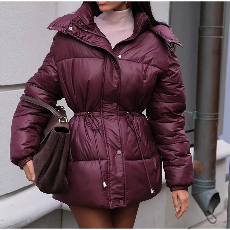 Women Solid Thicken Cotton Jackets Casual Stand Collar Zipper Long Sleeves Lace Up Detachable Hat Coat Winter Lady Warm Outwear