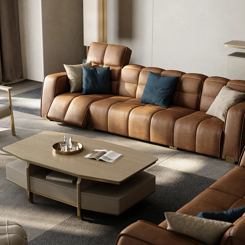 Leather Minimalist Sofa Bed Multifunctional Design Premium Italian Leather — Caramel | KIMLUD