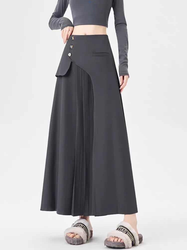Grey Suiting Midi Skirts for Women High-Waisted A-Line Flare Skirt Perfect Hip-Camouflage Office Skirt for Autumn