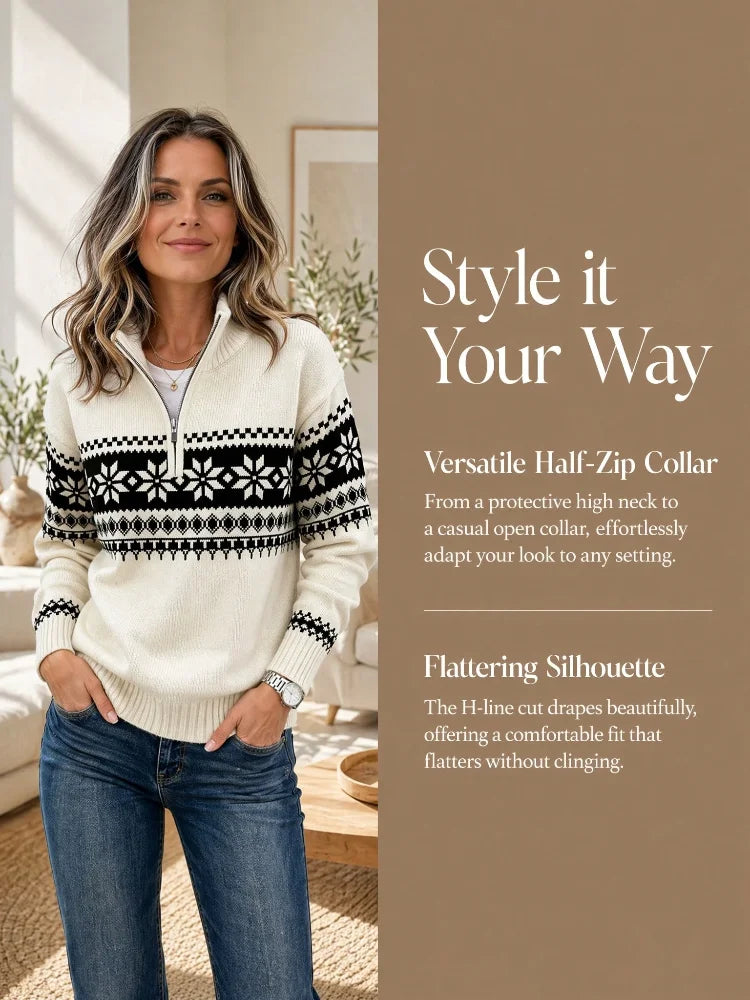 Sweater – Half Zip Mock Neck – Jacquard Knit – Cream White | KIMLUD