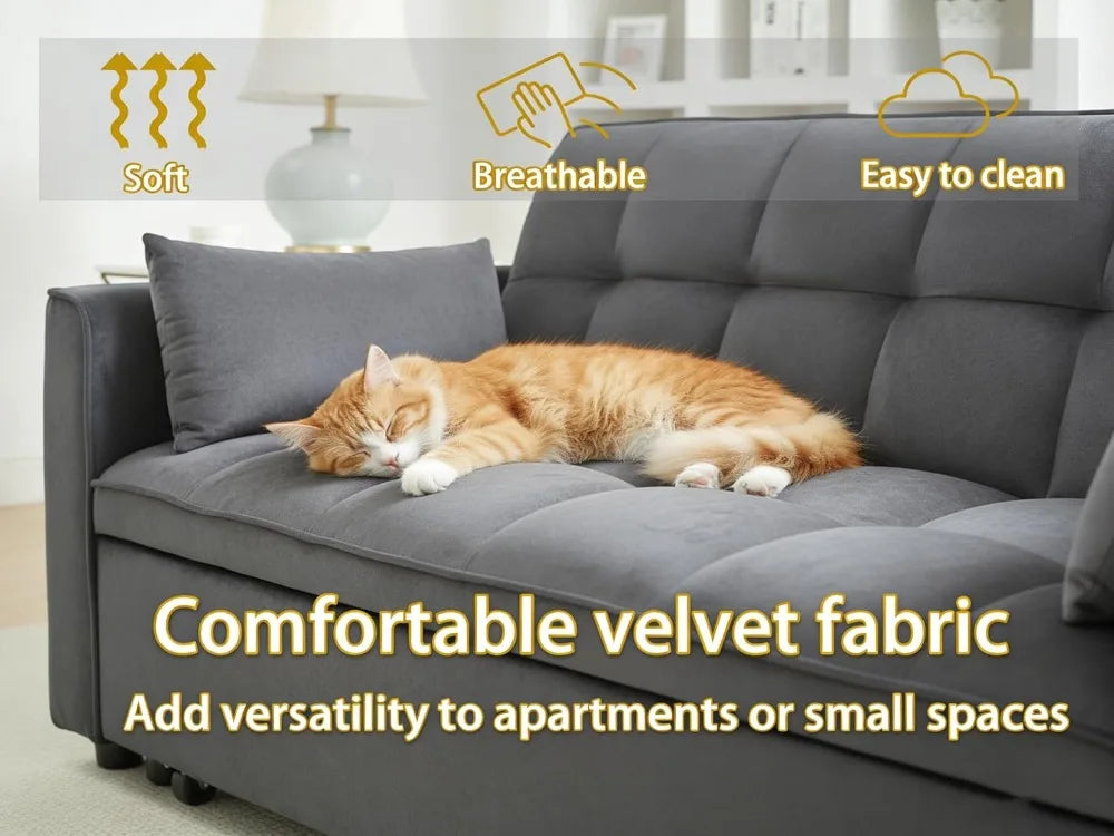 Velvet Sleeper Sofa Bed 70 Inch With Adjustable Back And Storage — Black | KIMLUD
