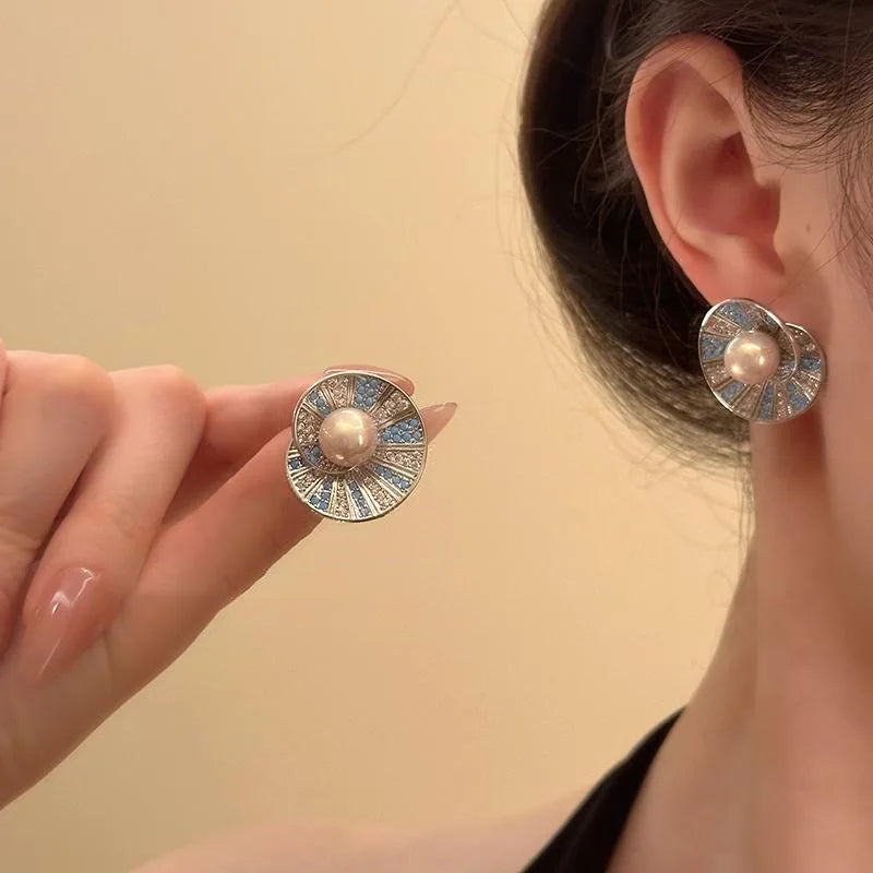 Light Luxury Crystal Flower Stud Earrings — Blue | KIMLUD