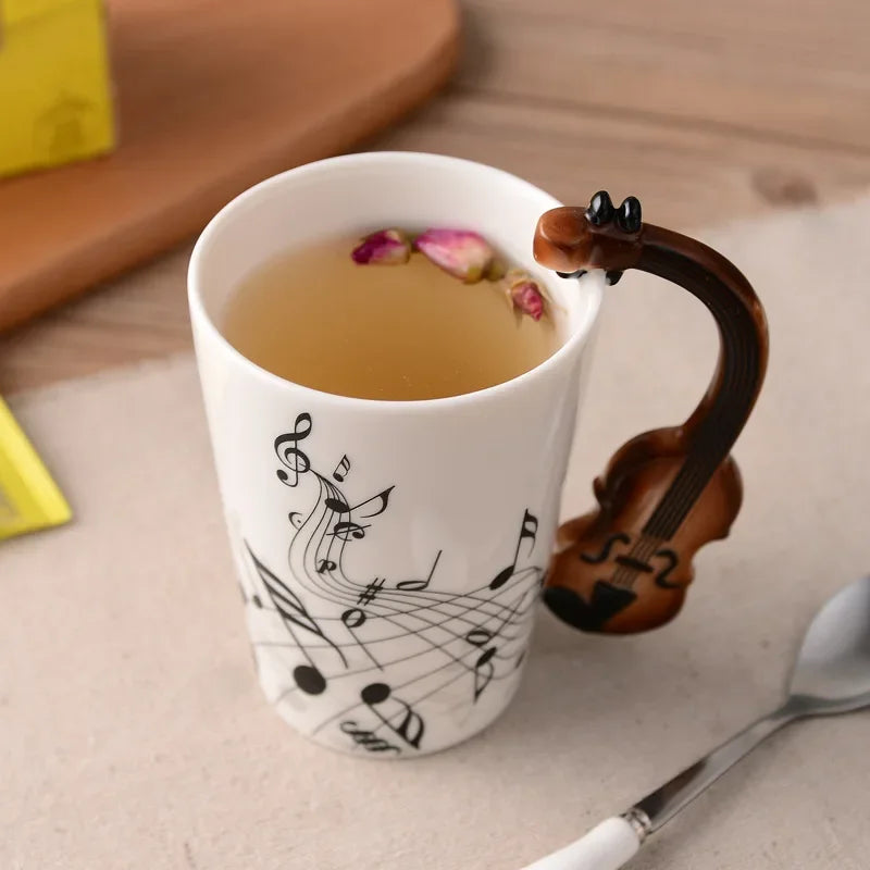 Bone China Mug With Music Note Motif And Delicate Guitar Handle — White | KIMLUD