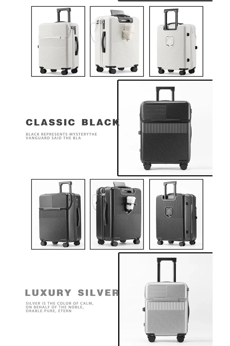 Polycarbonate Carry-On Luggage 20-Inch Lightweight With Cup Holder — Metallic Silver | KIMLUD