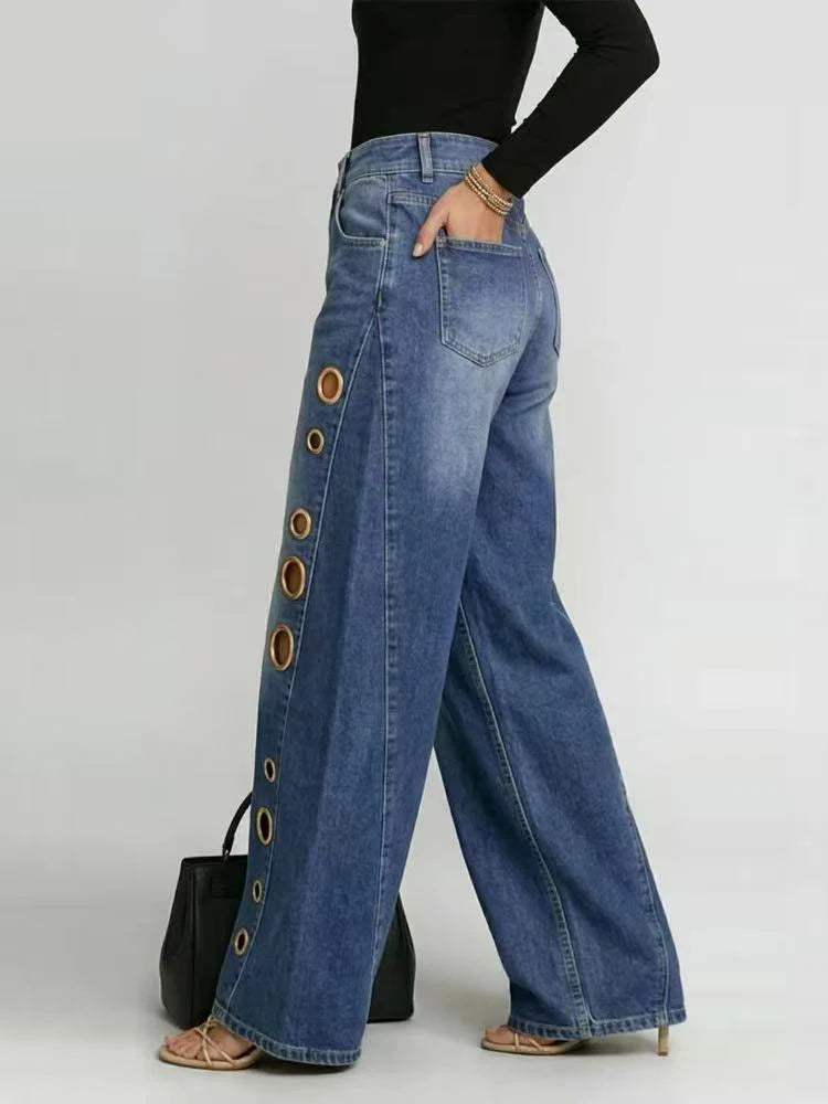 Elegant Fashion Patchwork Chic Trousers Women Spring Summer Hollow Out Wide Leg Pants 2026 Casual Lady High Waist Pants Femme