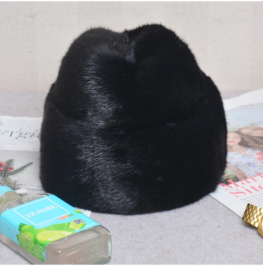 Mink Fur Winter Hat — Top-Hat Crown Silhouette — Deep Black | KIMLUD