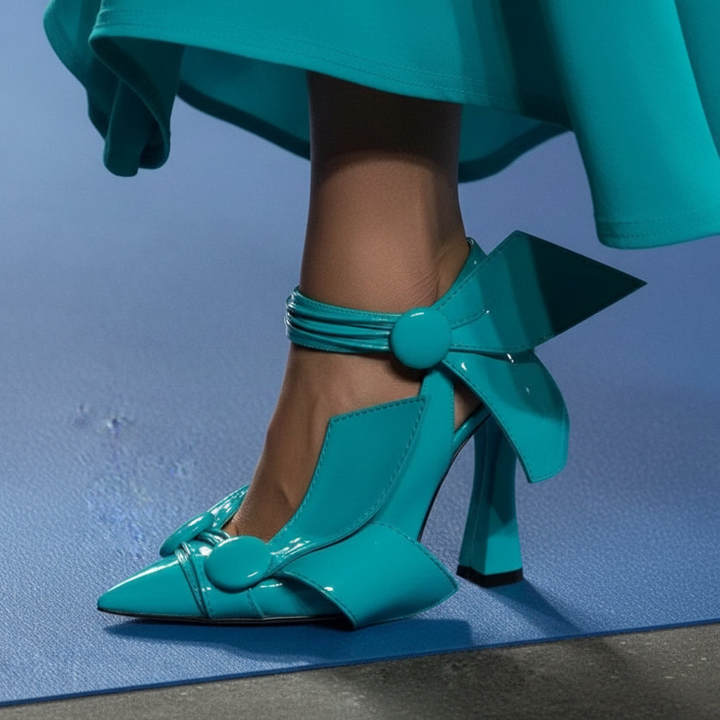 Patent Leather Pumps Buttoned Ankle Wrap Pointed Toe — Cyan | KIMLUD