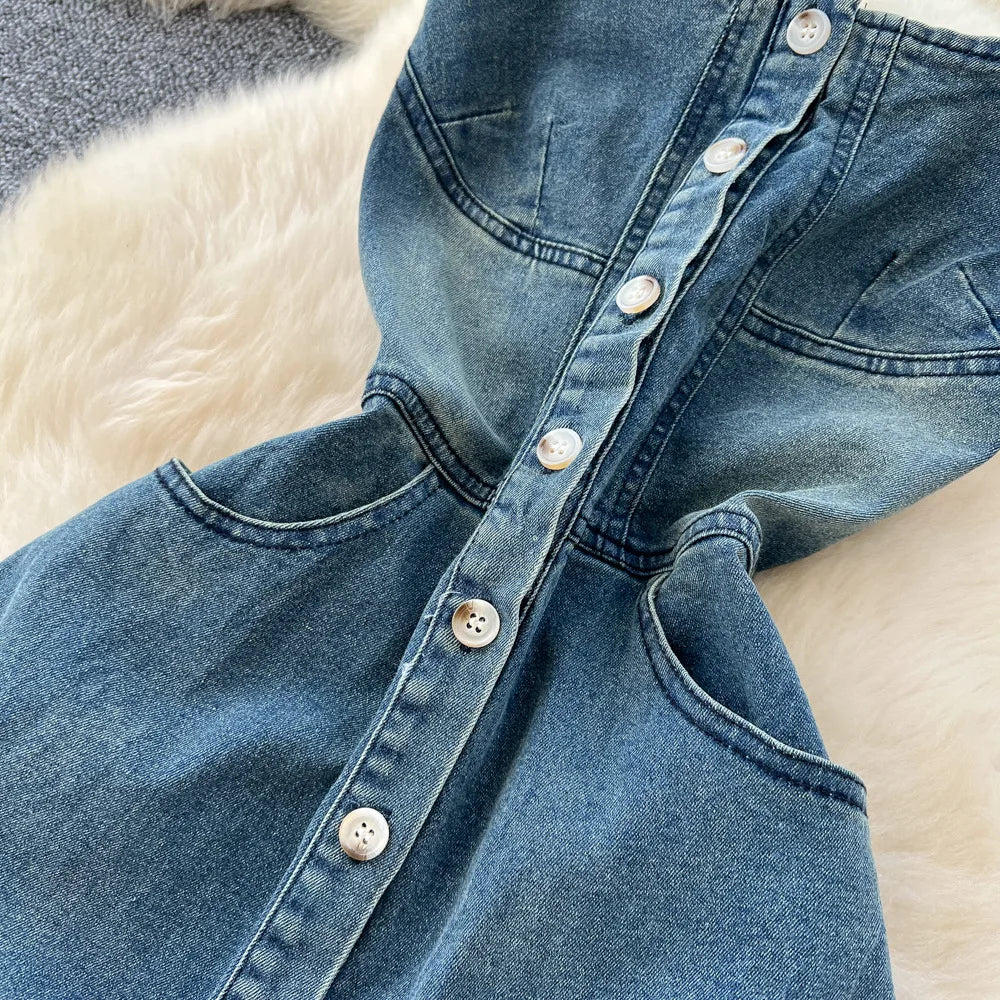 Denim-Inspired Polyester Long Dress Strapless A-Line Silhouette With Sculpted Draping — Blue | KIMLUD
