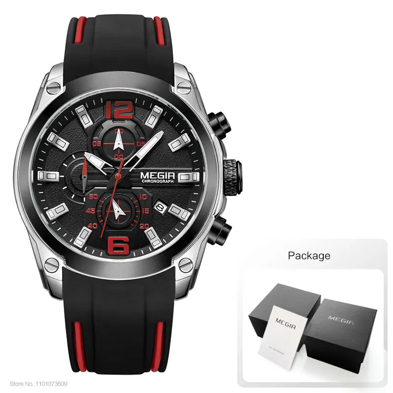 Megir Men's Chronograph Analog Quartz Watch with Date, Luminous Hands, Waterproof Silicone Rubber Strap Wristswatch for Man