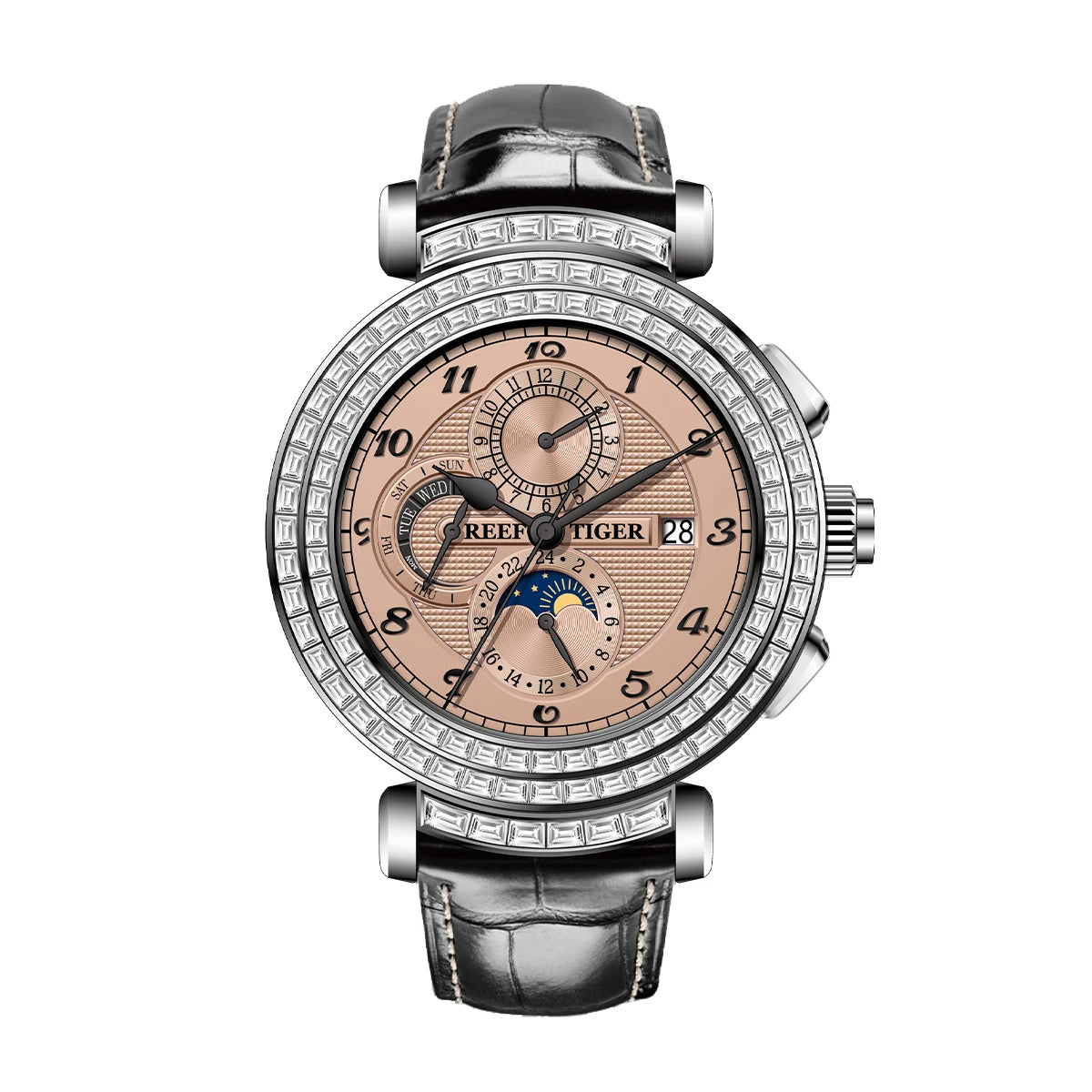 Men's Dress Watch – Moon Phase Date – Leather Strap – Green | KIMLUD