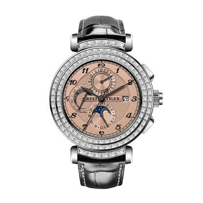 Men's Dress Watch – Moon Phase Date – Leather Strap – Green | KIMLUD