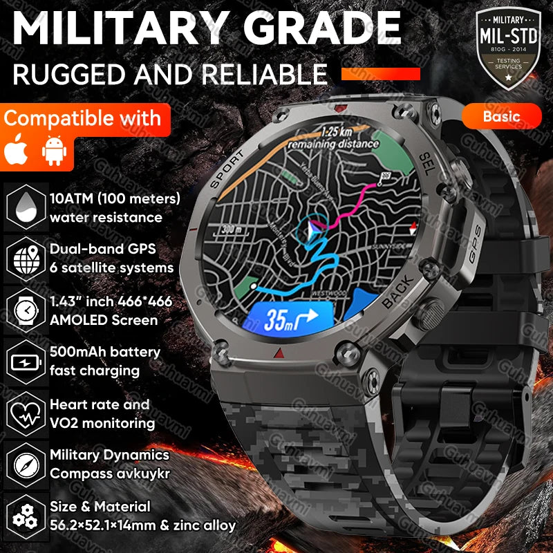 T-Rex 3 Built-in Dual-band GPS Military SmartWatch Men Compass Altimeter Barometric 10ATM&IP69K Waterproof 170+ Sport Smartwatch