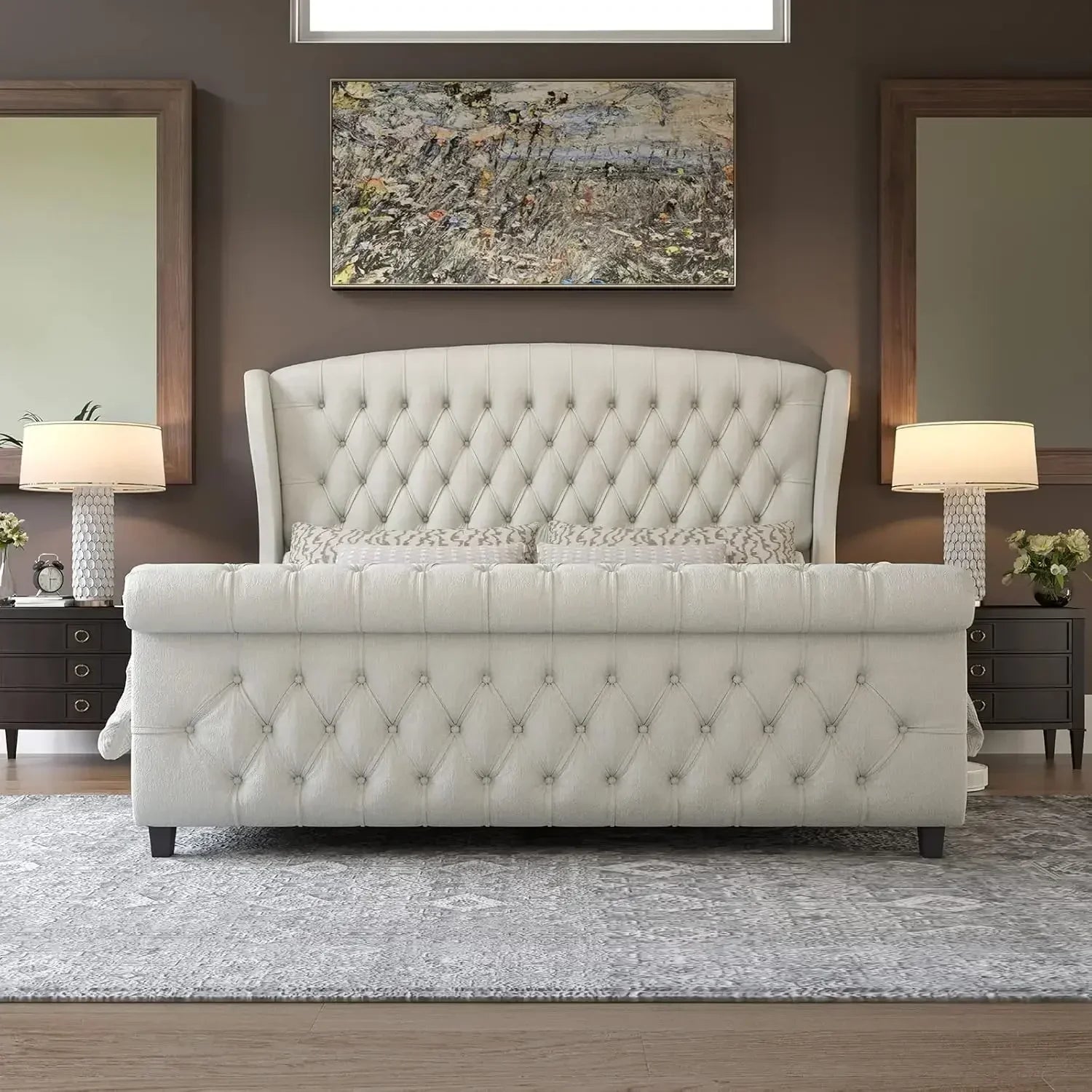 Chenille Sleigh King Size Bed Frame — Ivory | KIMLUD