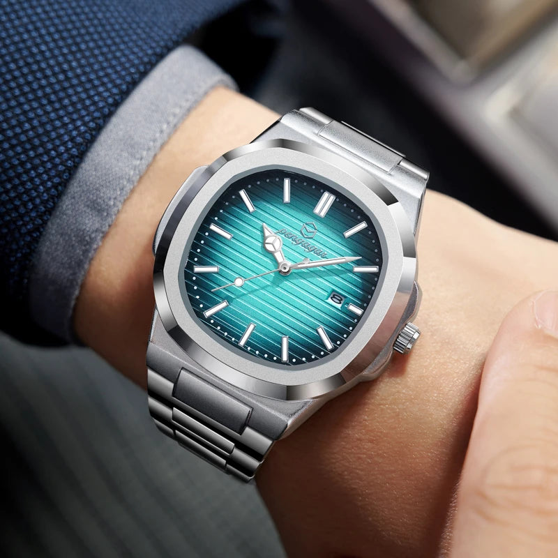 Stainless Steel Military Watch Luminous Week Display — Teal Blue | KIMLUD