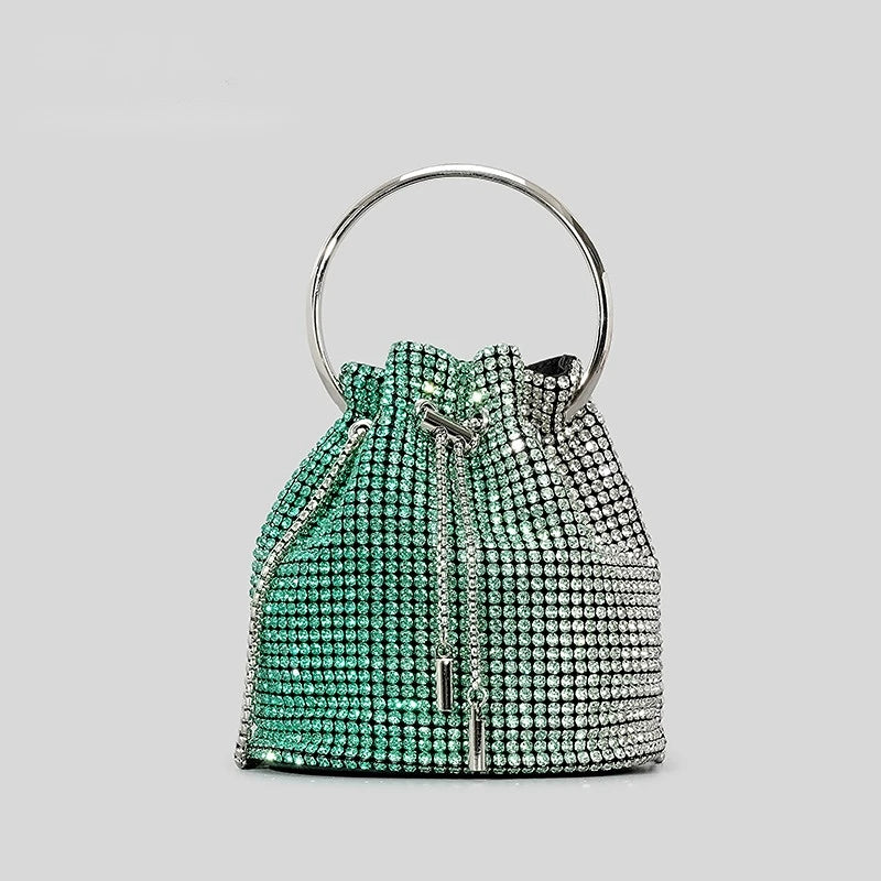 Crystal Tassel Evening Clutch Round Handle — Pink-Silver Gradient | KIMLUD