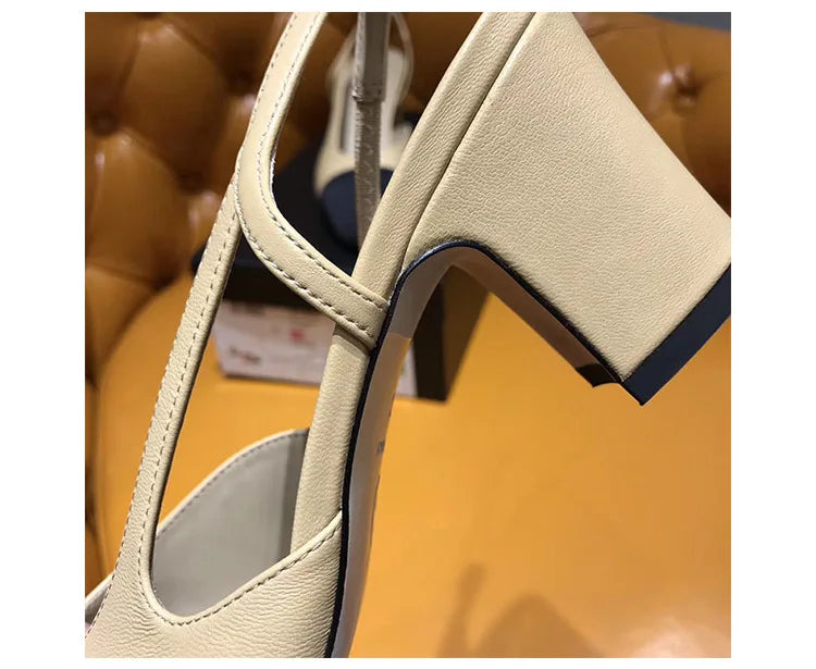 2025 women's mid-heeled shoes square toe color matching thick heel high heels