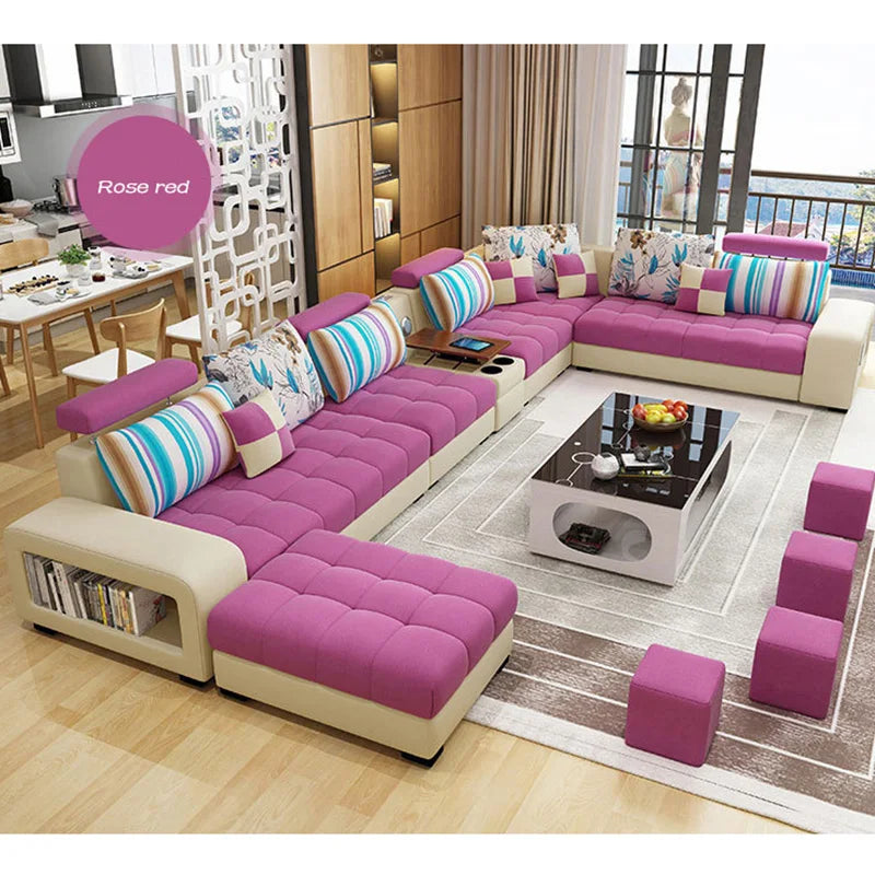 Wooden L-Shaped Sofa Set Light Luxury With Tufted Cushions And Integrated Arm Shelf — Ivory | KIMLUD