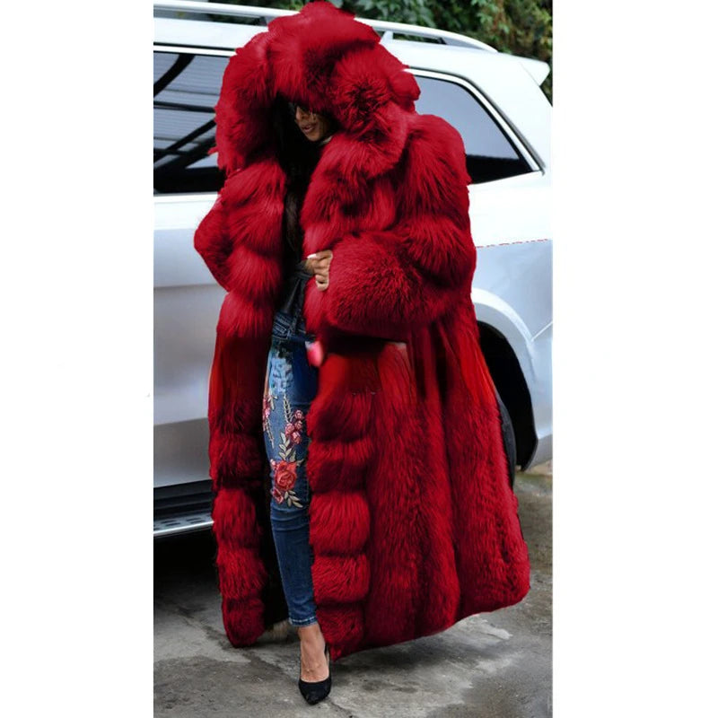 Winter Plus Size Longer Faux Fur Warm Coat Long Sleeve Coat Fox Fur Faux Fur Coat women's Long Hooded Fur all-in-one Fur Coat