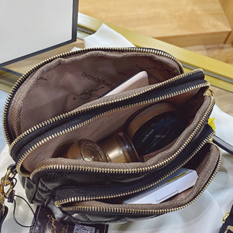 Leather Crossbody Bag Argyle Pattern With Multiple Pockets — Black | KIMLUD