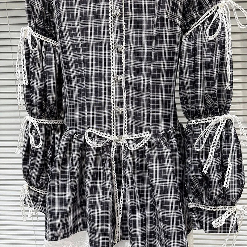 Shirt Dress – Plaid Bow Tie Long Sleeve – Polyester | KIMLUD