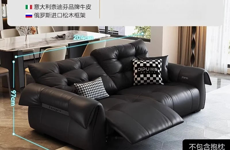 Full-Grain Leather Minimalist Multifunctional Sofa With Sculpted Modular Form — Black | KIMLUD