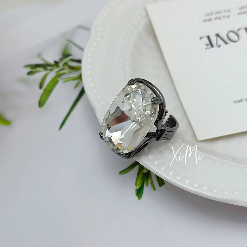 Rings Big Oval Clear Crystal Glass Open Rings — Clear | KIMLUD