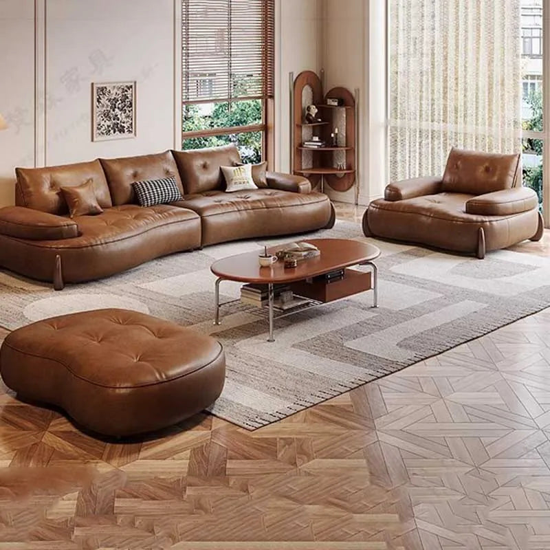 Leather U-Shape Sofa Pillowed Cushions — Caramel Brown | KIMLUD