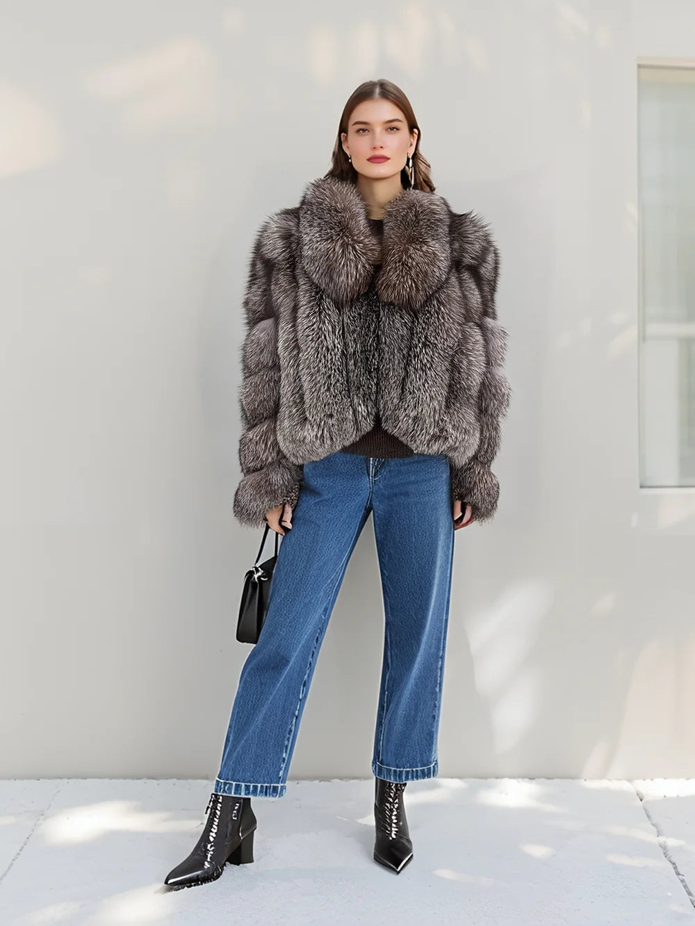 Women Genuine Natural Golden Island Fox Fur Coat with fox fur collar For Winter Fashion Short Jacket