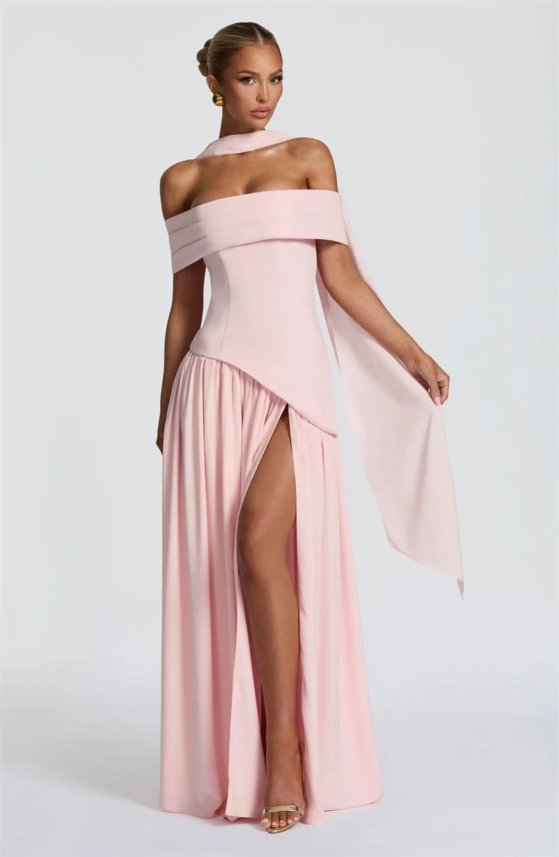 Mozision Off-shoulder Backless Sexy Maxi Dress Women Fashion Strapless Sleeveless Pleated Thigh High Split Club Party Long Dress