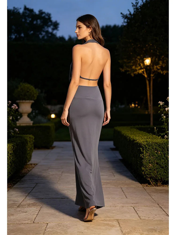 Halter Neck Maxi Dress – Sequined Ruched Backless – Polyester – Grey | KIMLUD