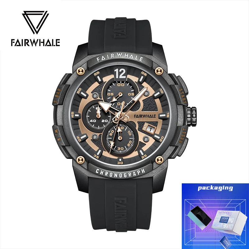 Waterproof Chronograph Watch Silicone Strap Multifunction — Black | KIMLUD