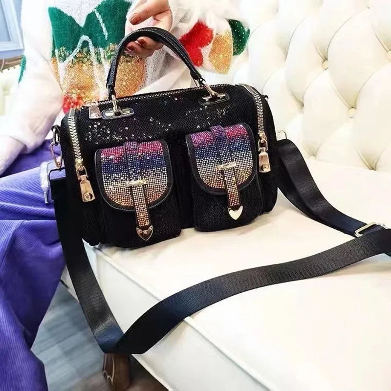 Mesh Paillette Messenger Bag Iridescent — Black | KIMLUD