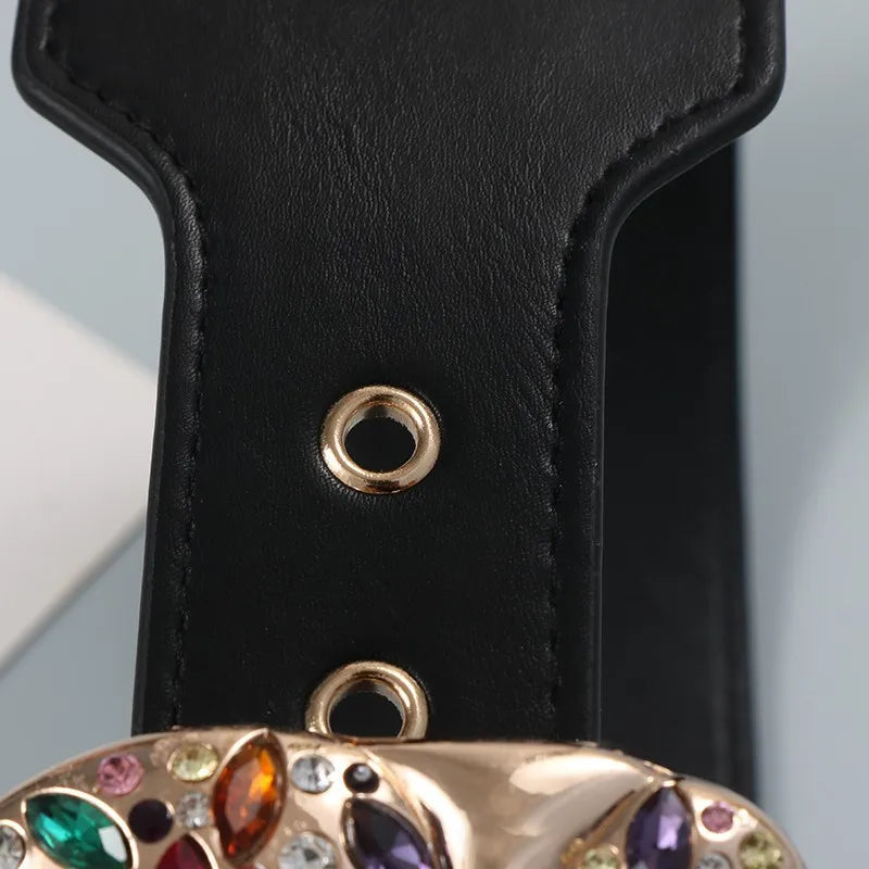 Belt – Rhinestone Zircon Metal Design – PU Belt – Solid | KIMLUD