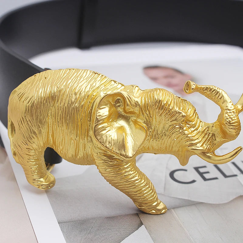Fashion Real Leather Belts for Women Luxury Designer Female Waist Elastic Corset Belt Gold Heavy Elephant Metal Buckle