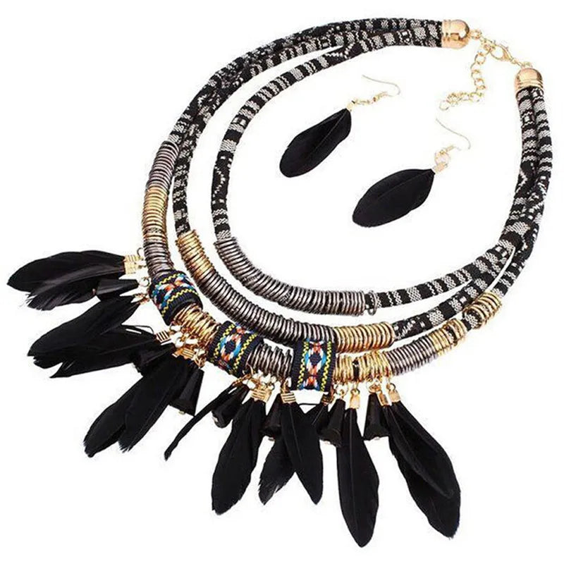 Fashion Vintage Ethnic Feather Choker Necklace Earrings Set For Women Multilayer Nekclace Earrings Jewelry Sets