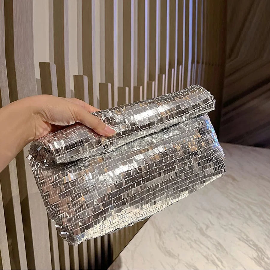 Sequin Embellished Envelope Clutch Bag — Black | KIMLUD