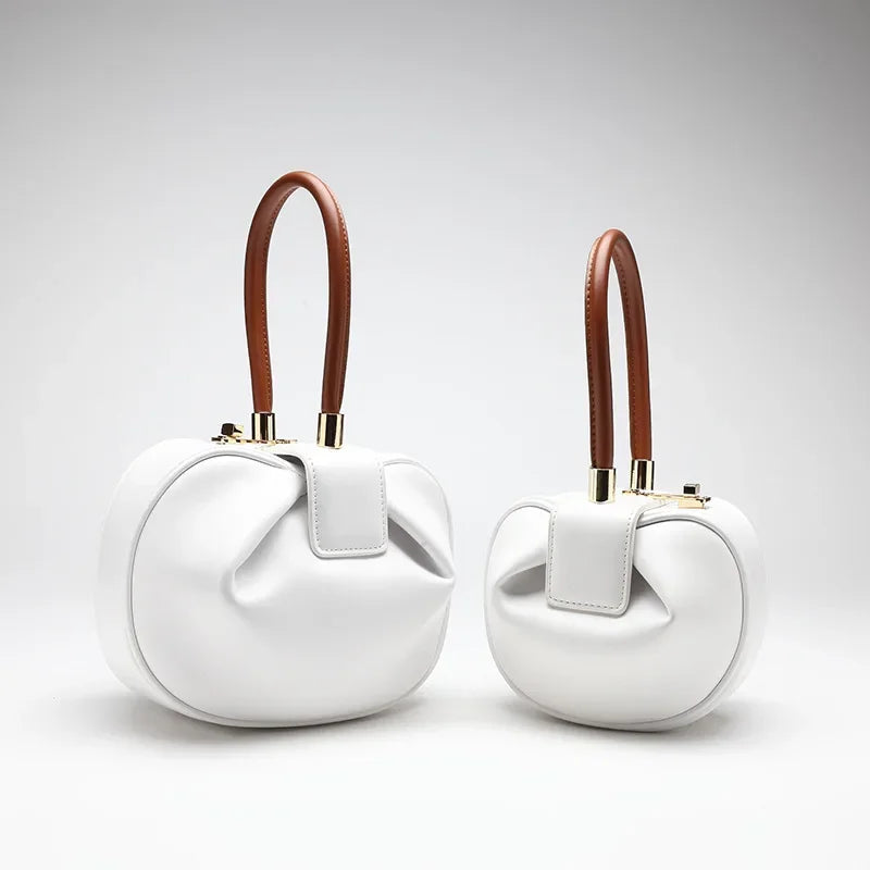 Genuine Cow Leather Round Dumpling Bag — Black | KIMLUD