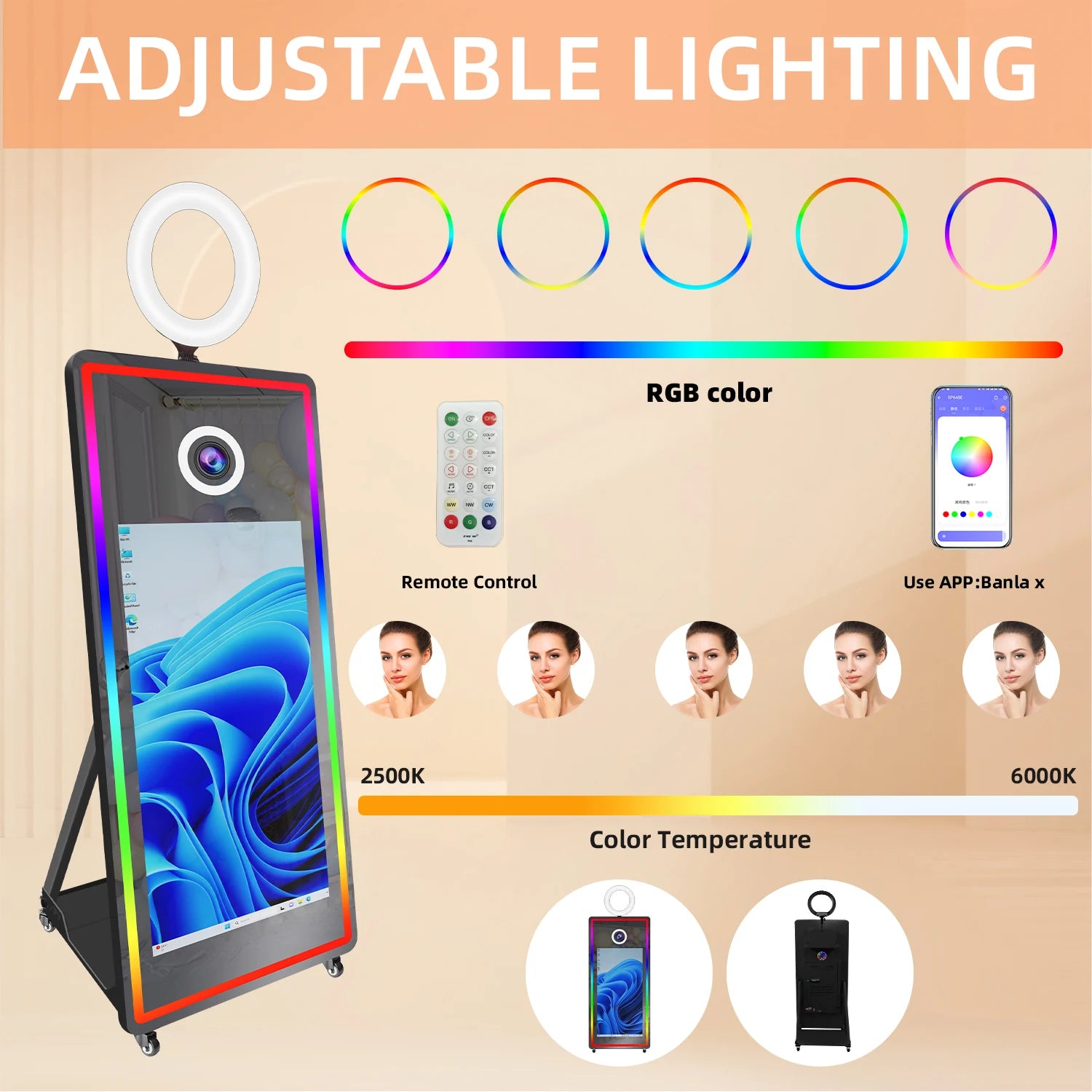Metal-Glass Frame Portable Mirror Photo Booth 43 Inch With LED Edge Lighting — Black | KIMLUD