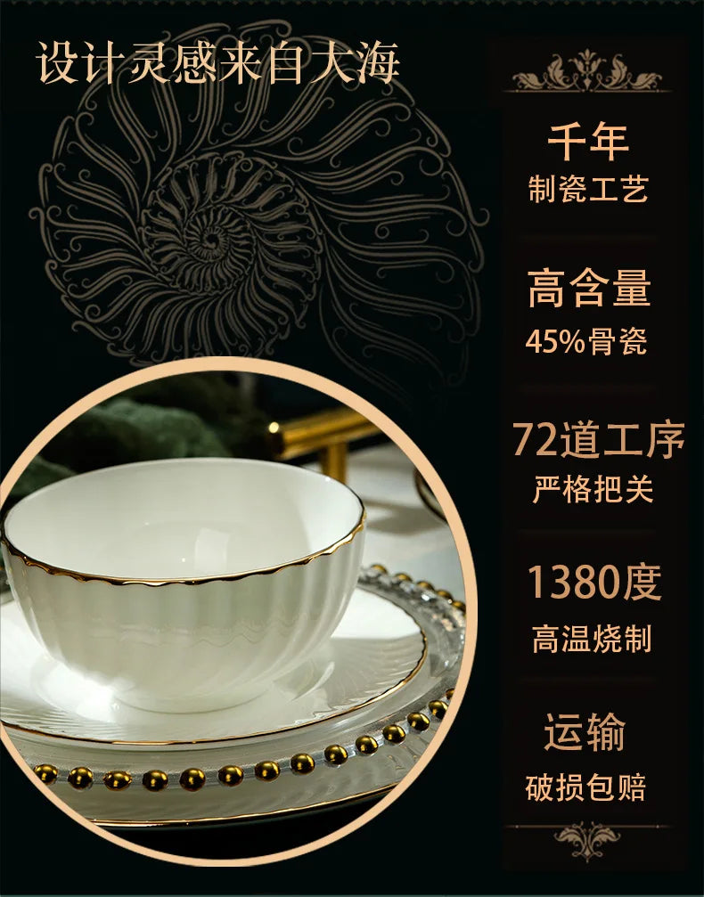 Bone China Dinnerware Set With Gold Accents — White | KIMLUD