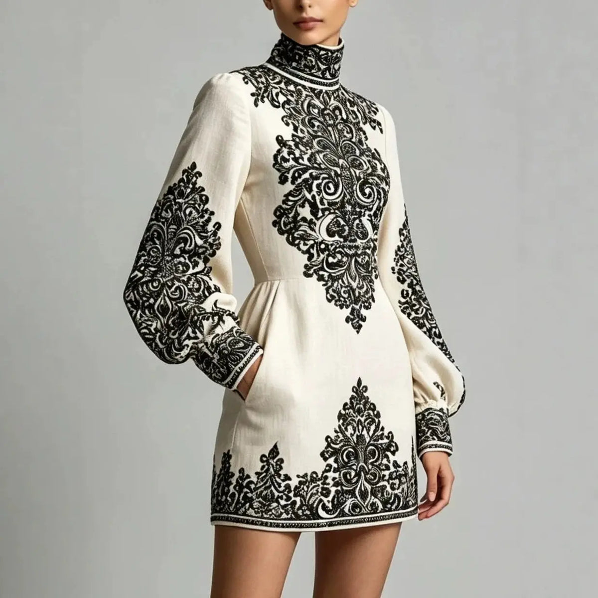 Mini Dress – High Neck – A-Line Silhouette – Polyester | KIMLUD