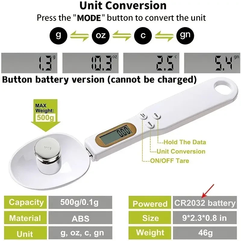 Plastic Digital Kitchen Scale Mini Spoon 0.1–500g Precision LED Display — White | KIMLUD