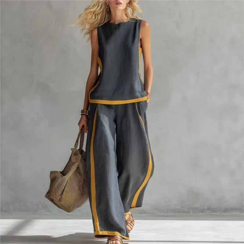 Women's 2-piece Set 2026 New Sleeveless Contrast Wide Leg Pants Suit Summer Casual Fashion Two-piece Trendy Style Women Clothing