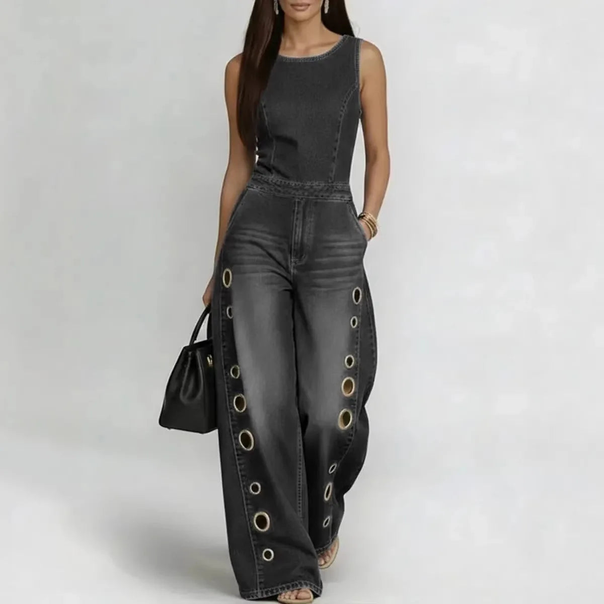 Denim Jumpsuit Sleeveless Eyelet Cutout High Waist Wide Leg — Blue | KIMLUD