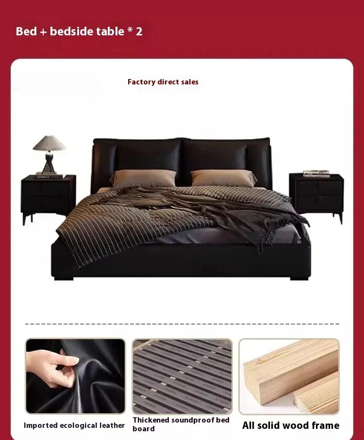 Obsidian Leather King Size Bed With Office Headboards And Frame — Black | KIMLUD