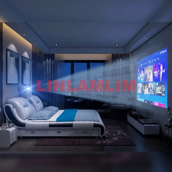 Genuine Leather Bed With Built-In Massage Bluetooth Speaker Air Cleaner Projector And Drawers — White | KIMLUD