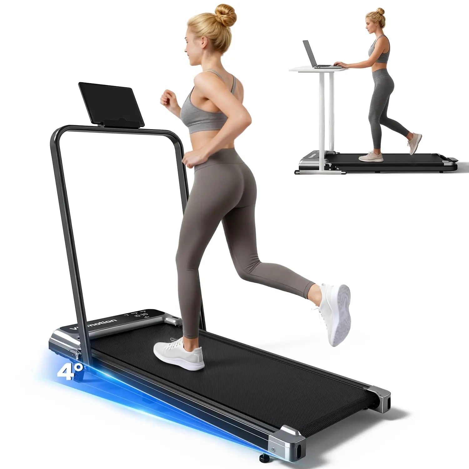 Compact Portable Walking Pad Treadmill With Incline And Handle — Black | KIMLUD
