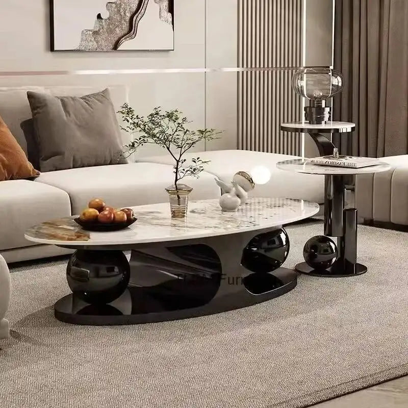 Marble Oval Coffee Tables Brass-Gold Base Nordic Luxury With Italian Art Influence — Ivory | KIMLUD
