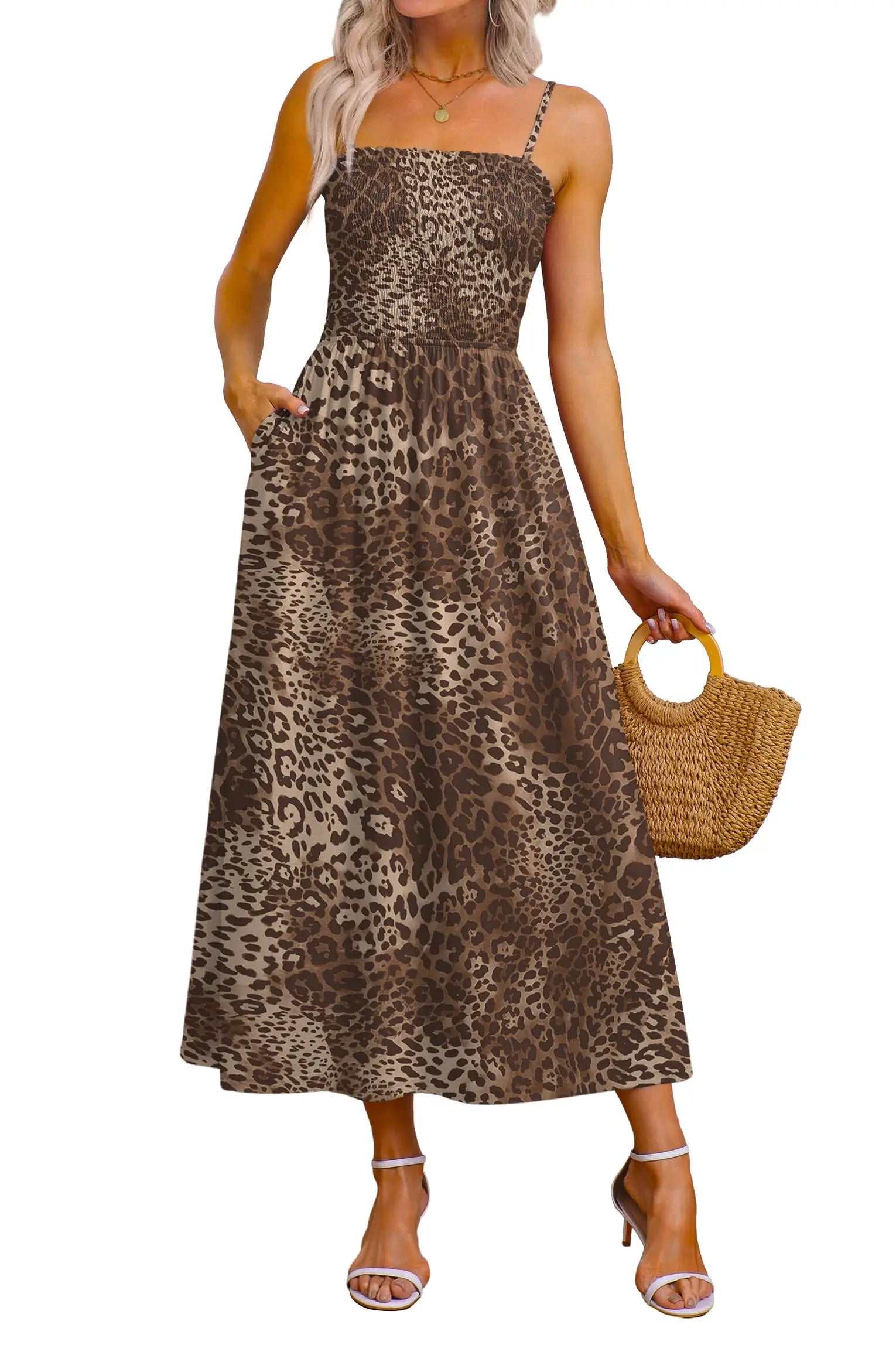 Spaghetti Strap Maxi Dress – Smocked Waist – Polyester Fiber | KIMLUD