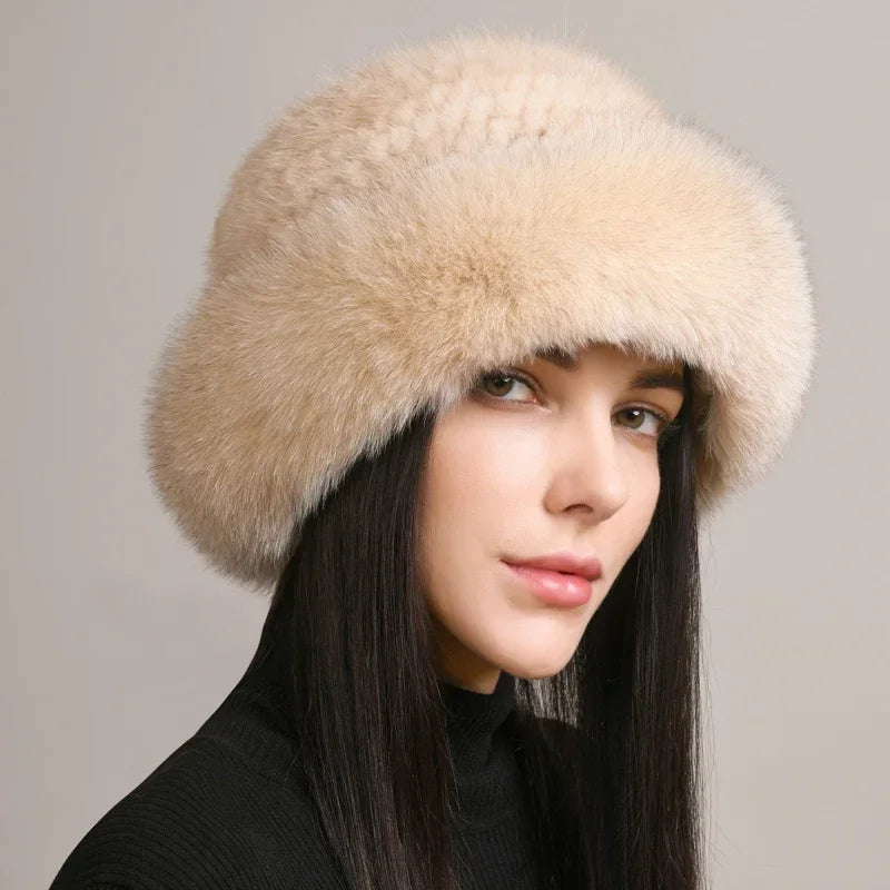 New Genuine Real Natural Knitted Mink Fur Hat Cap Luxury Women Handmade Knit Fashion Winter Headwear Warm Real Fox Fur Beanies